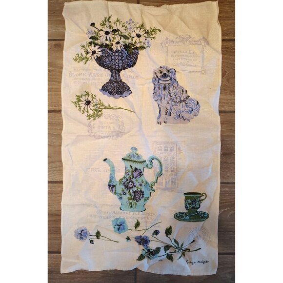 Vintage George Wright Linen Tea Kitchen Towel Dog Teapot Flower Daisy Blue Green - Picture 1 of 6